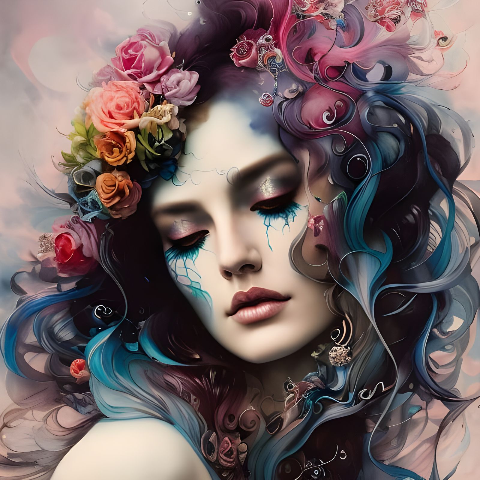 Colorful Flowing Hair Portrait in Gouache Style