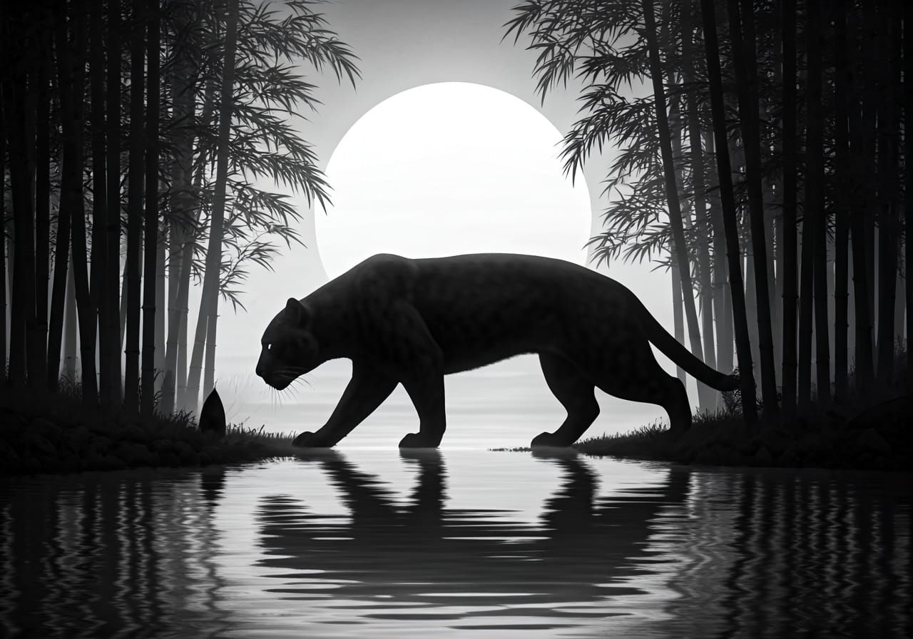 Black Panther Stalking Through Bamboo Illustration