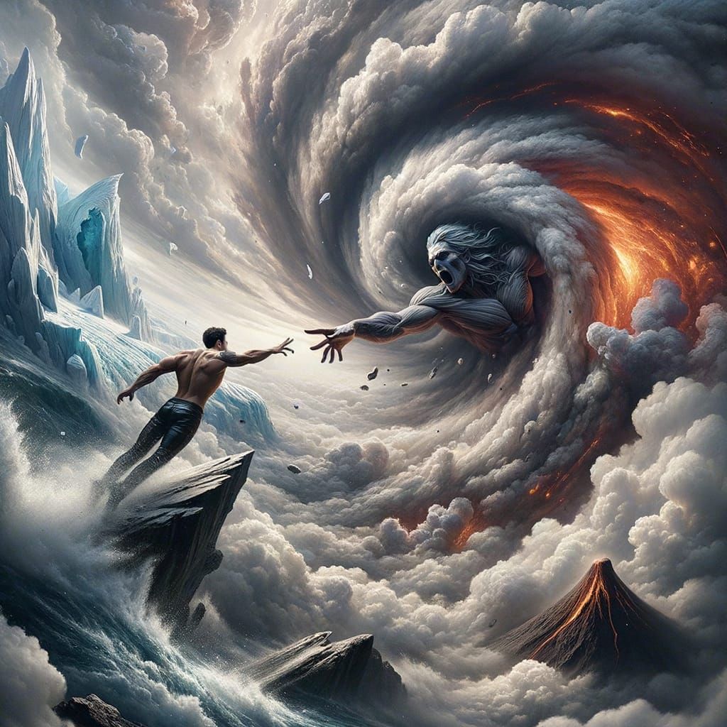 Elemental Maelstrom: Volcano and Iceberg Fantasy Art