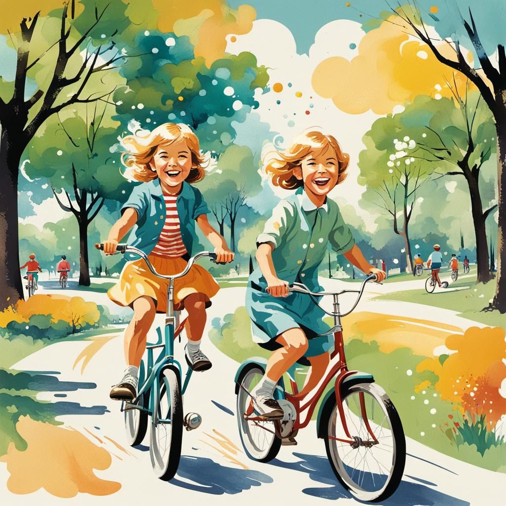 Joyful Children Biking in Park, 60s Splash Art
