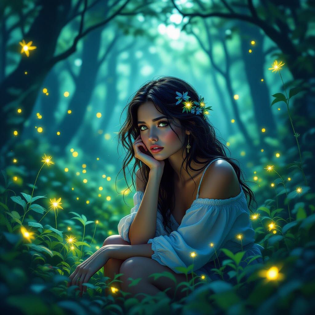 Mystical Woman in Surreal Dreamlike Forest