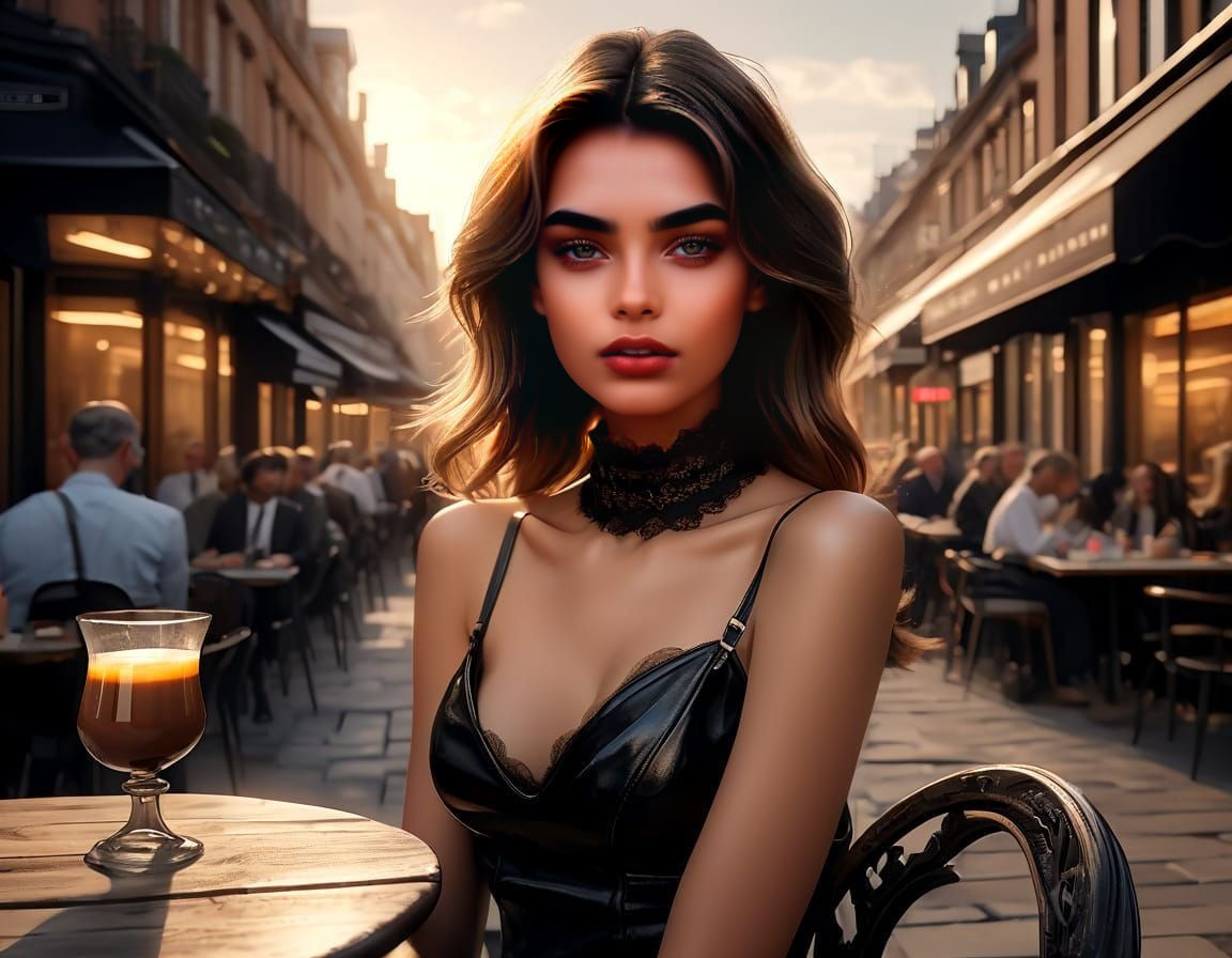 Glamorous Woman Sips Coffee in Flemish Expressionist Style