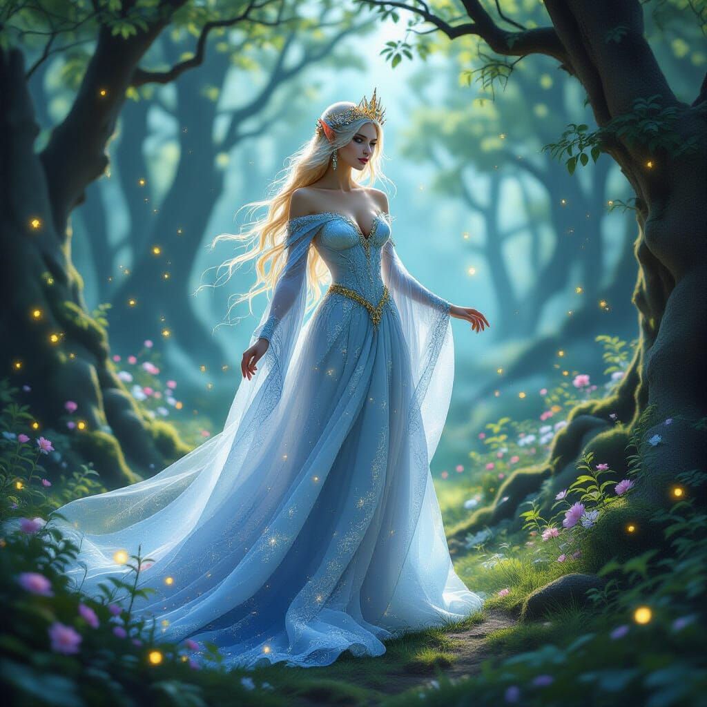 Ethereal Elven Queen in Cosmic Forest