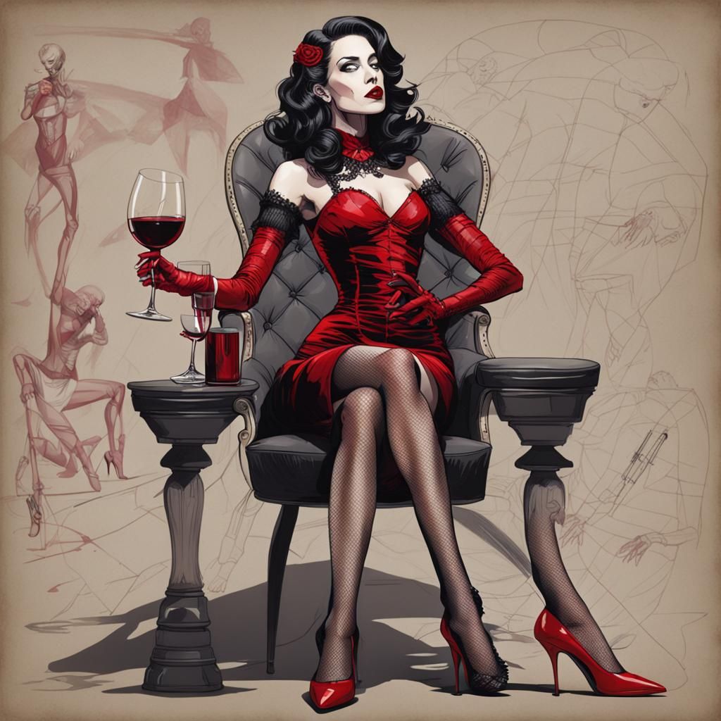 Scarlet Lady Sipping Wine, Stilettos and Fishnets