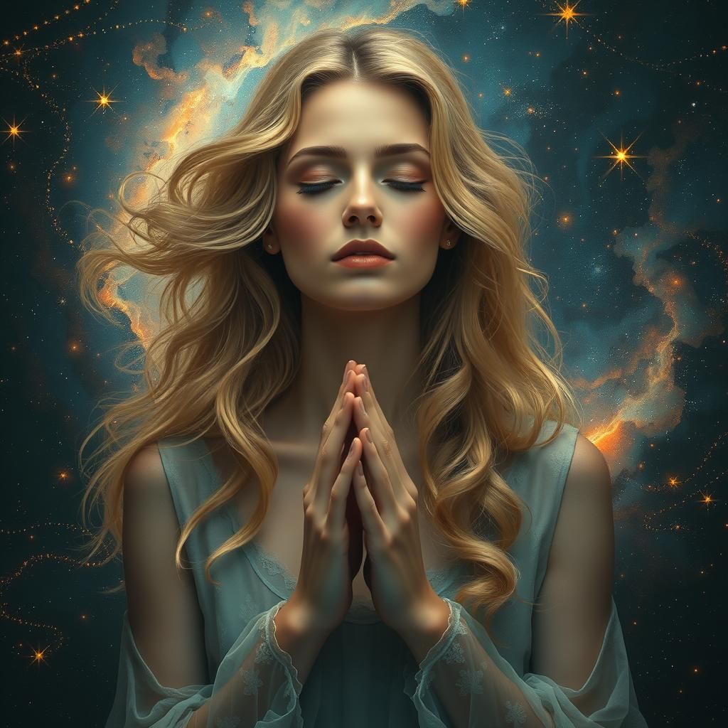 Celestial Woman in Dreamlike Cosmic Landscape