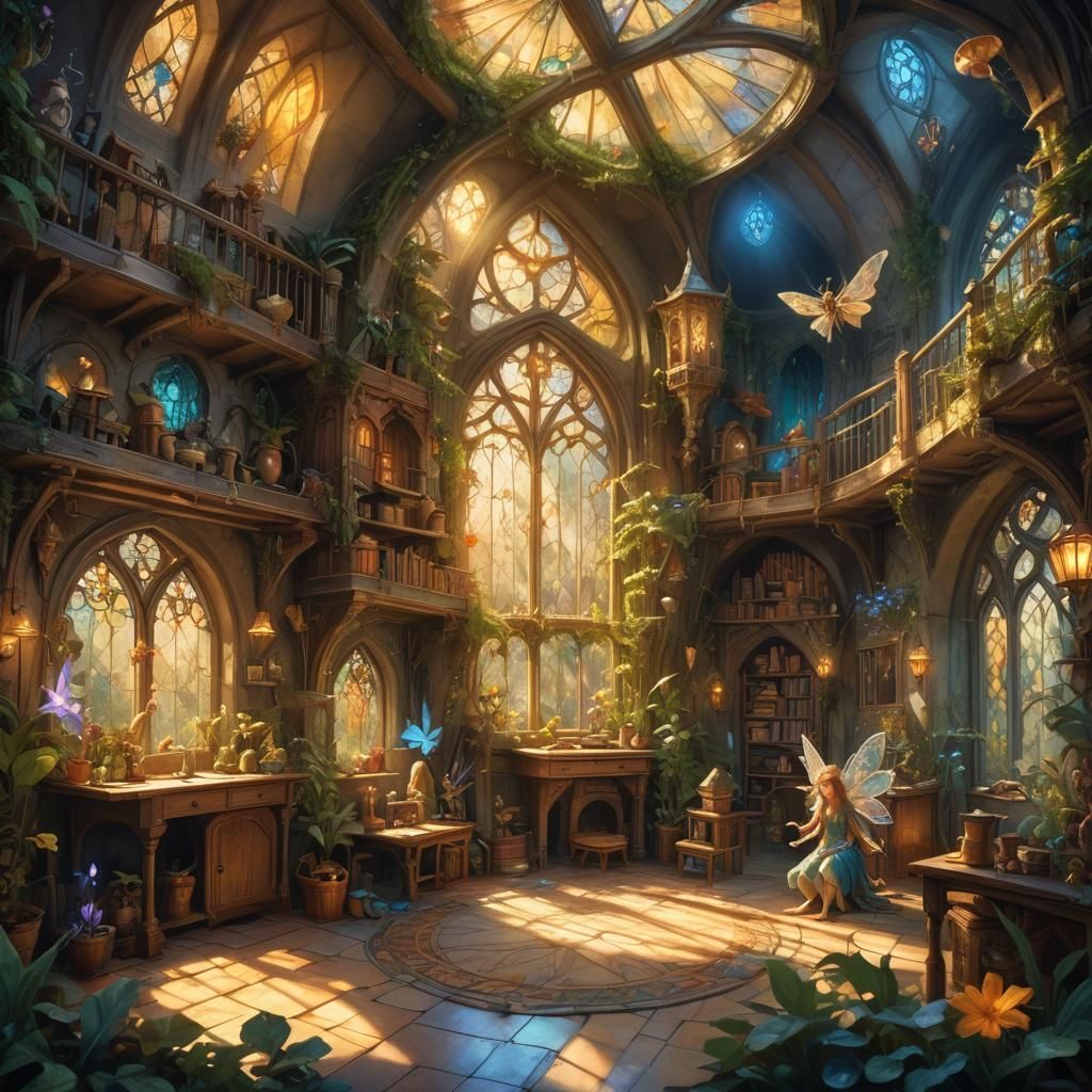 Fairies Study in Dormitory: Fantasy Art Nouveau