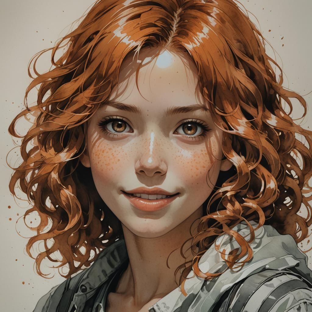 Orange Portrait of Smiling Girl in Watercolor Style