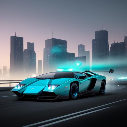 Futuristic Lamborghini Countach in Neon Cityscape