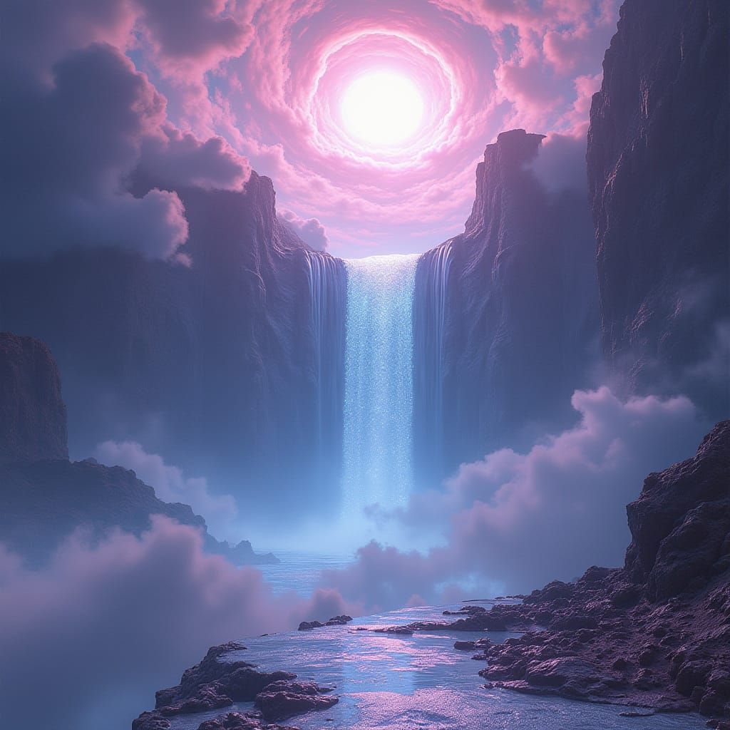 Ethereal Cyberpunk Landscape with Chrome Waterfall