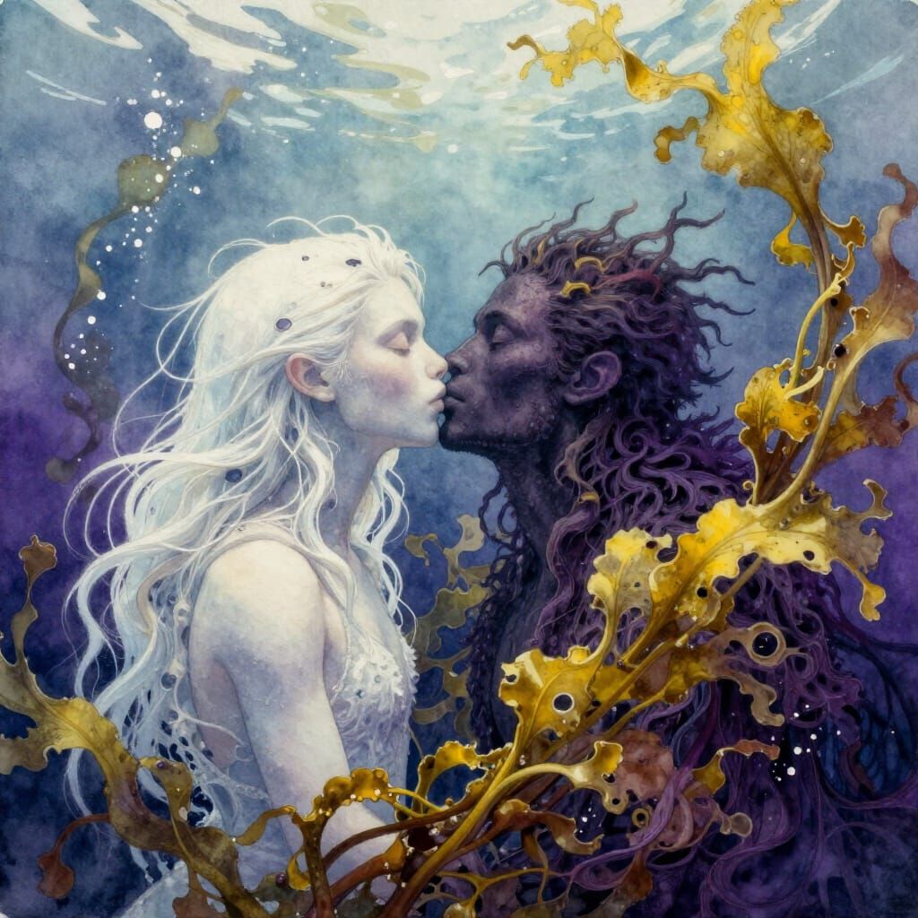 Two Kelpies Embrace in Ocean Depths, Watercolor Style