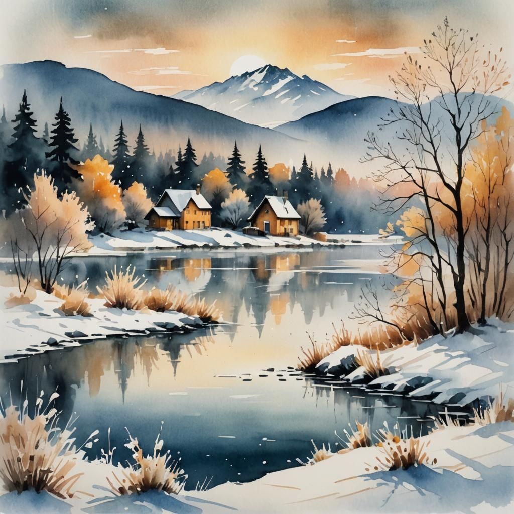 Winter Landscape Ink Painting with Frozen Lake
