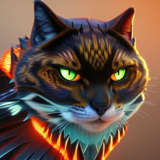 Symmetric Cat Portrait with Lava Eyes, Digital Art