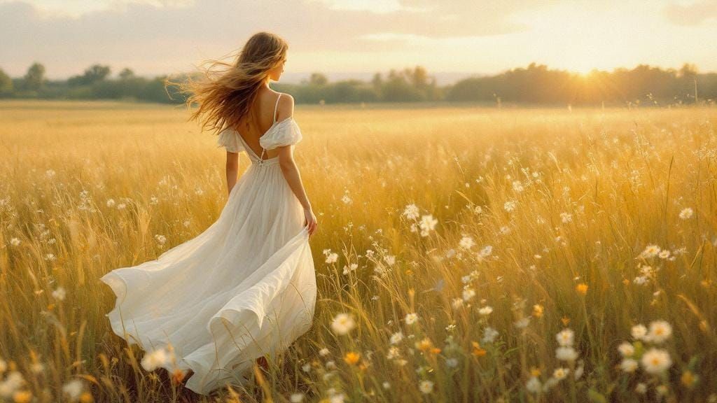 Impressionistic Woman in Peaceful Field at Dawn