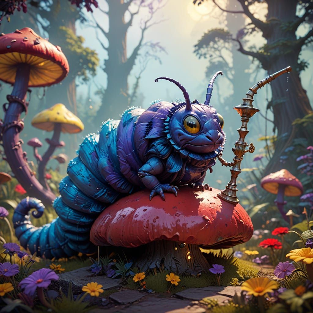 Excited Caterpillar on Mushroom: Surreal Mixed Media Art