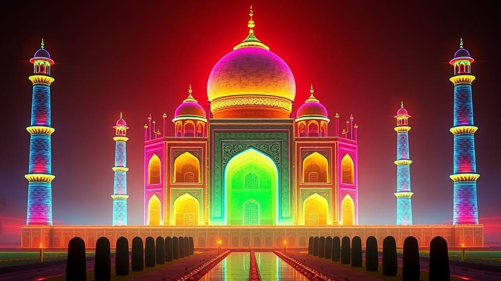 Neon Taj Mahal in Cyberpunk Bioluminescence