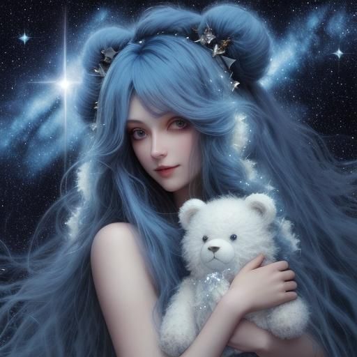 Fluffy cuddly teddy, long blue haired beautiful girl, dark starry nebula sky