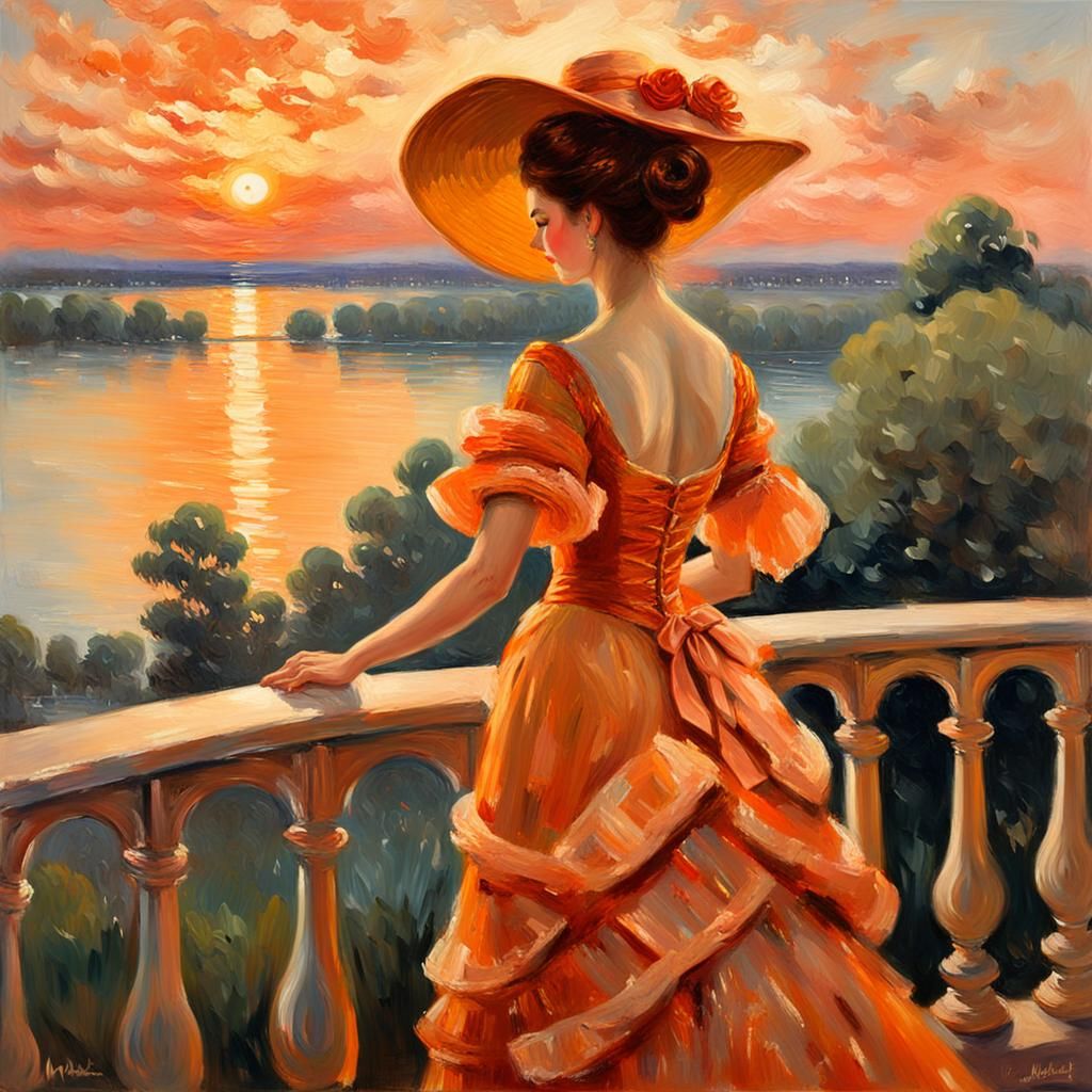 Woman in Orange Gown, Impressionist Oil Painting