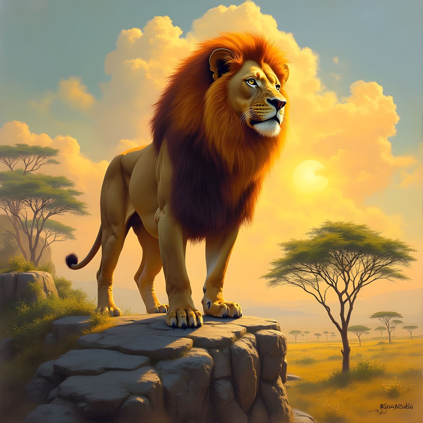 Lion with Flaming Mane Overlooking Savannah