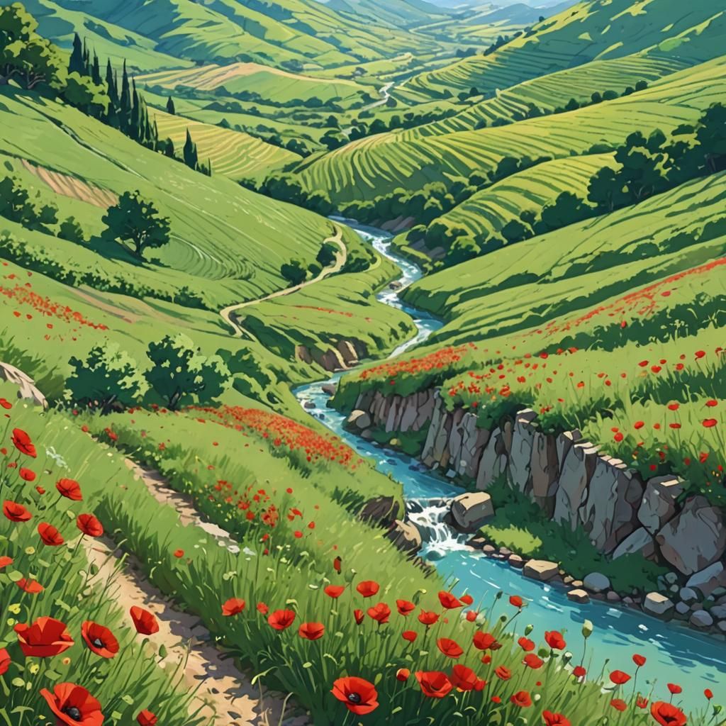 Poppy Meadow Among Vineyards in Anime Style