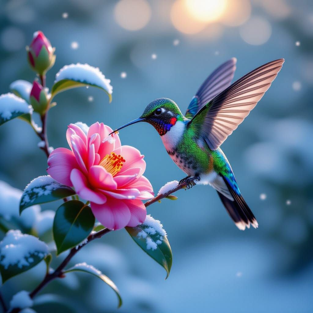 Hummingbird Rests on Snow-Dusted Camellia in Surreal Garden