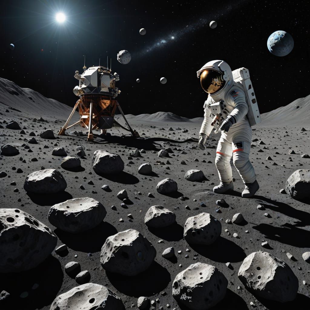 An astronaut picking up an asteroid with a tiny civilisation on it