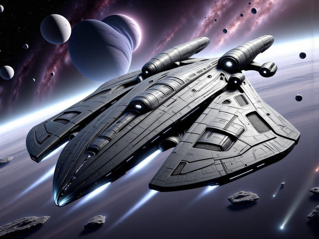 Utilitarian Starship Glides Through Cosmic Debris Rings