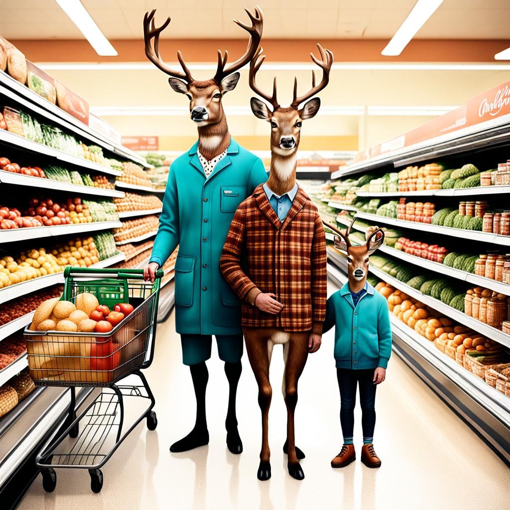 Anthropomorphic Deer Family at Grocery Store