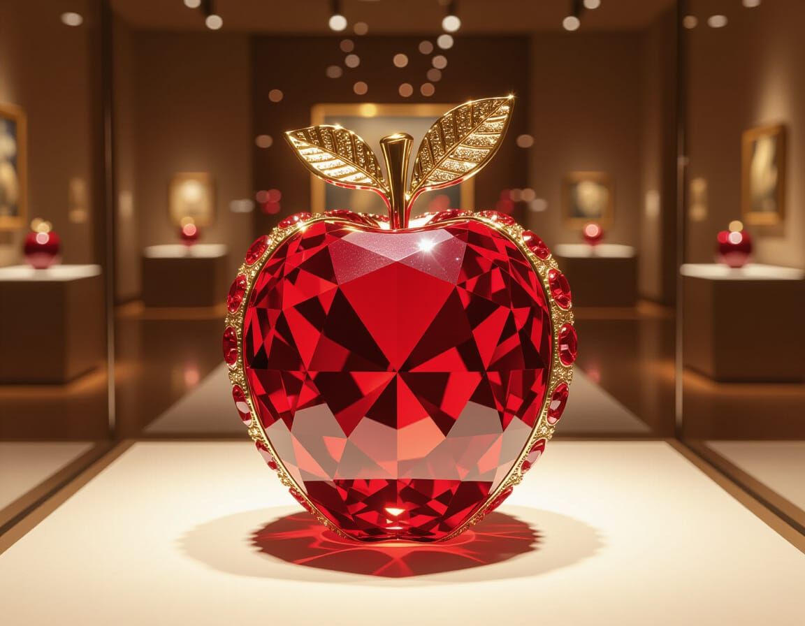 Glittering Ruby Apple in Art Museum Display