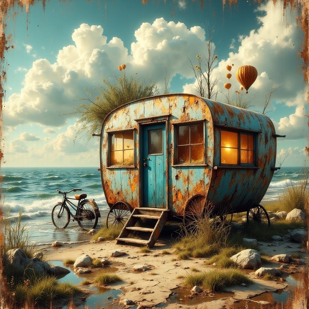 Surreal Caravan Drifting on a Stormy Sea