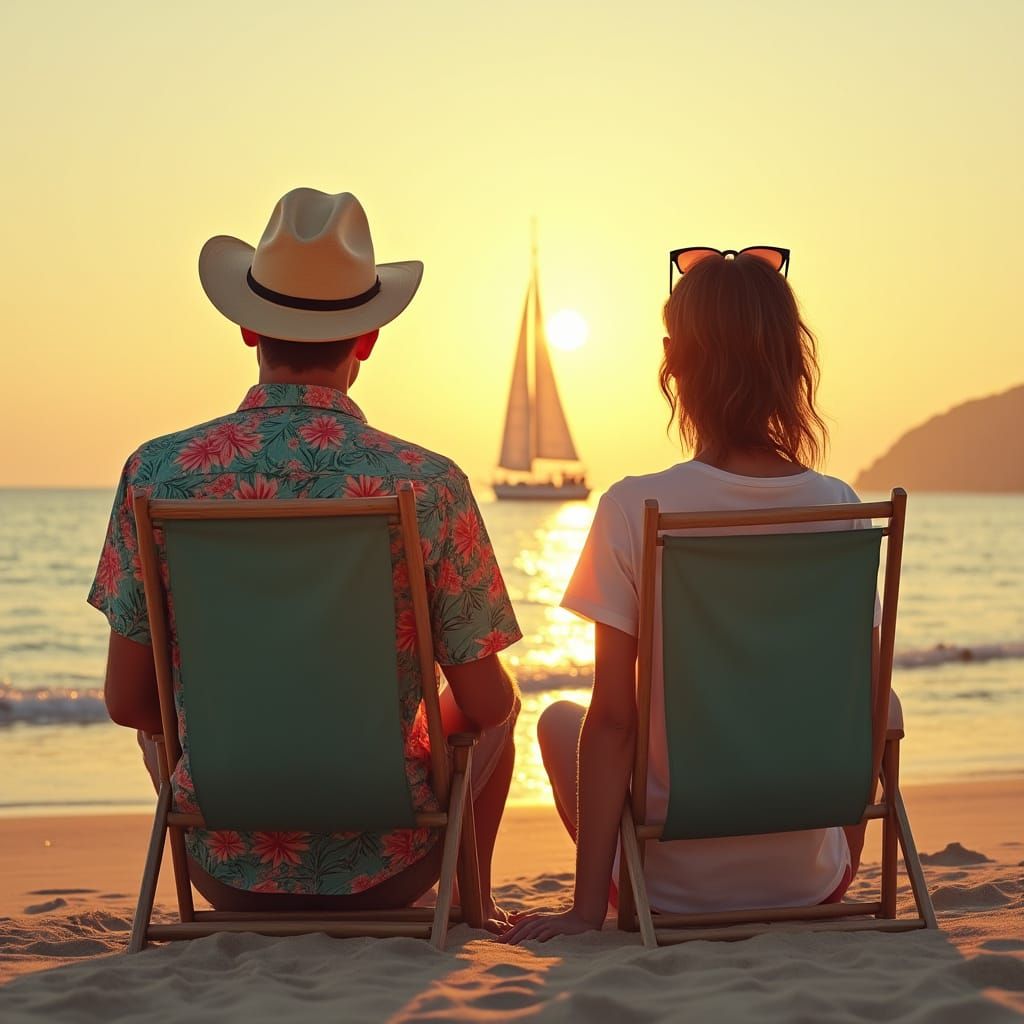 Beach Sunset with Figures in Hyperrealistic Style