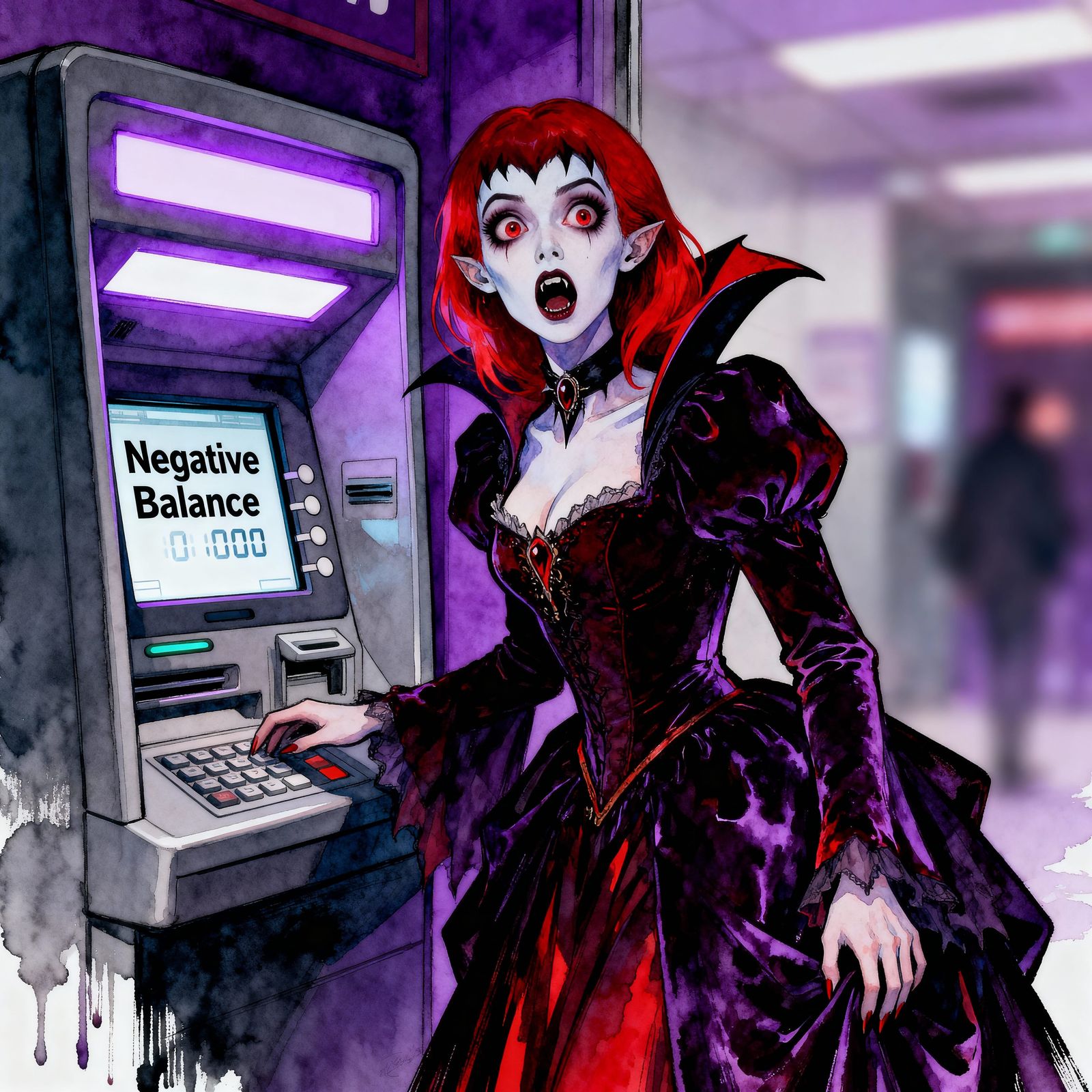 Vampire Queen's Shocked Reaction at ATM in Colored Ink Style