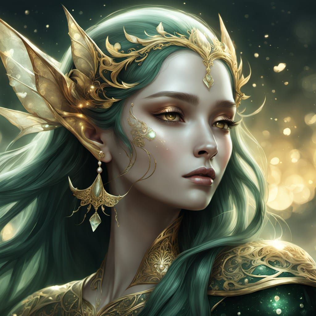 Elegant Elven Woman on Giant Pearl in Fantasy Landscape