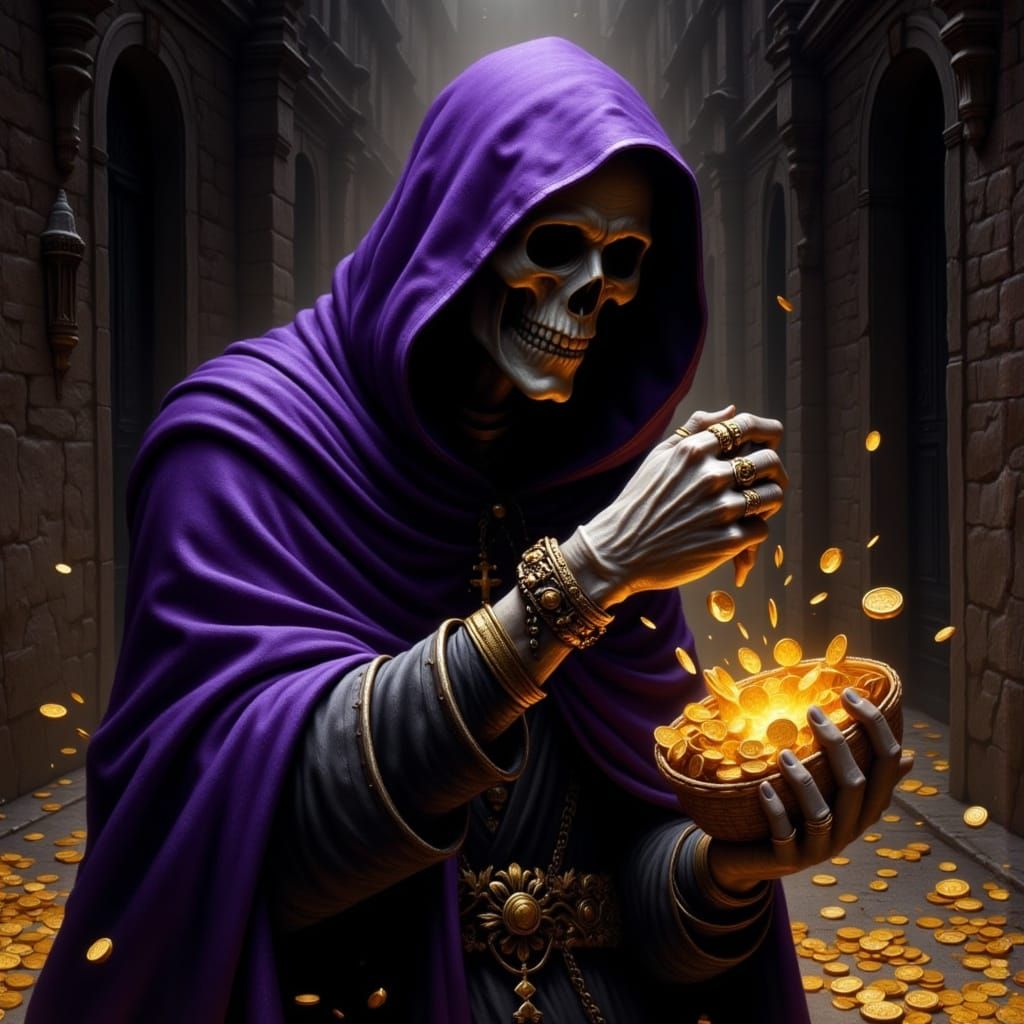 Gothic Fantasy Cloaked Figure with Glowing Coins