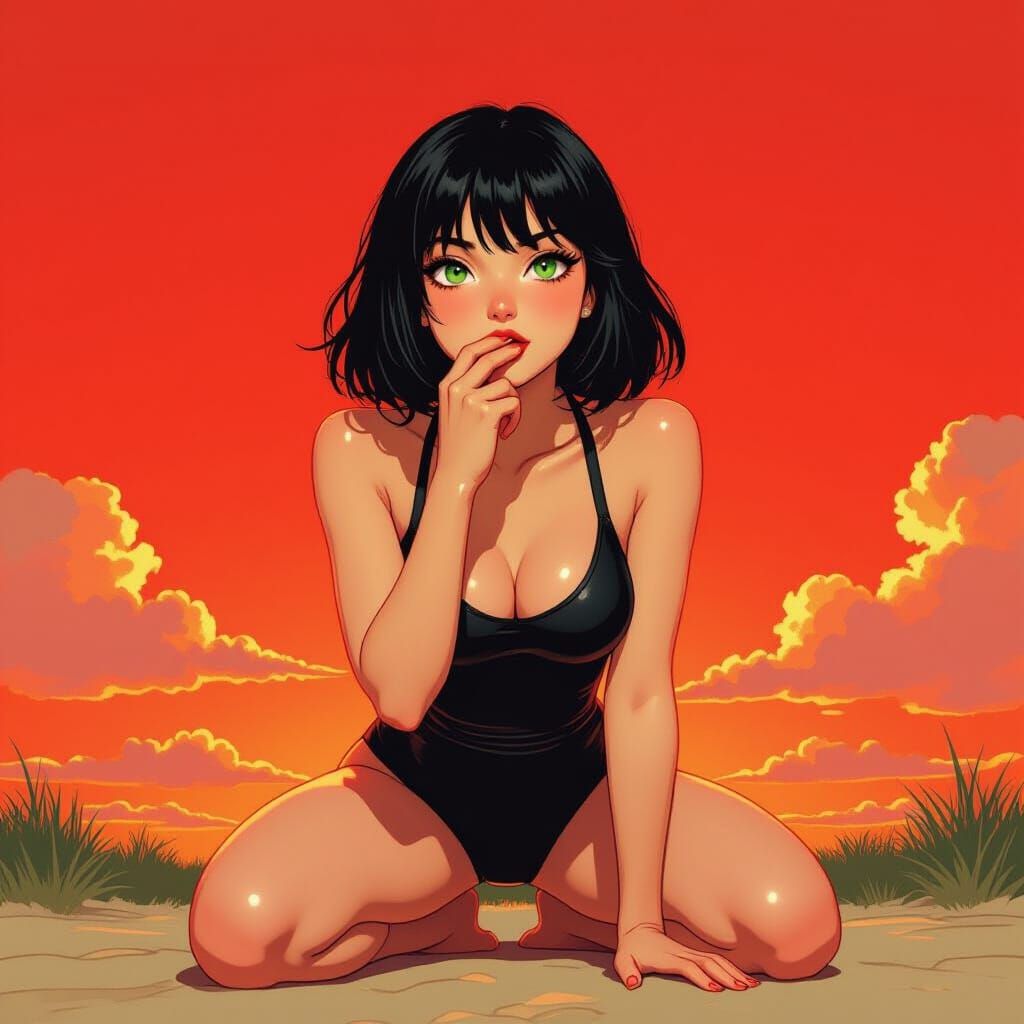 Girl in Black Bathing Suit with Intense Gaze