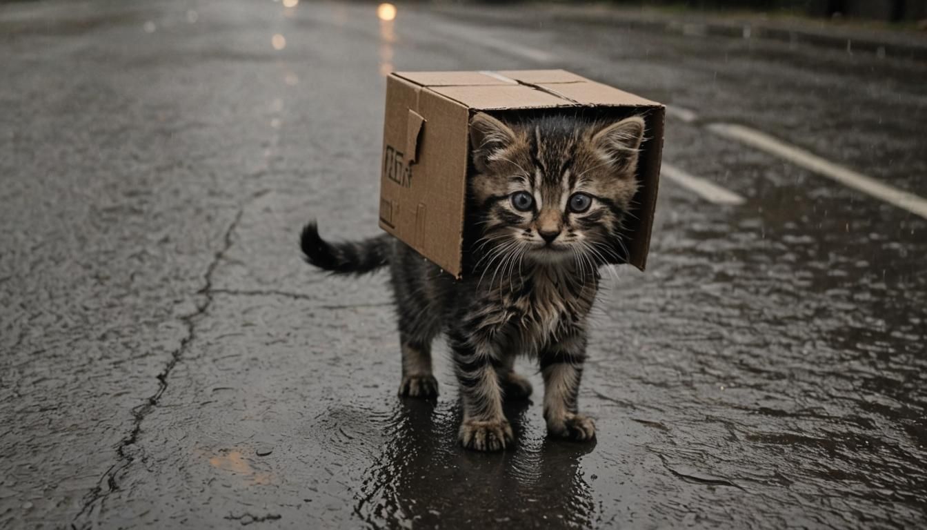 Sad Kitten Hiding in Rain, Cinematic Film Still