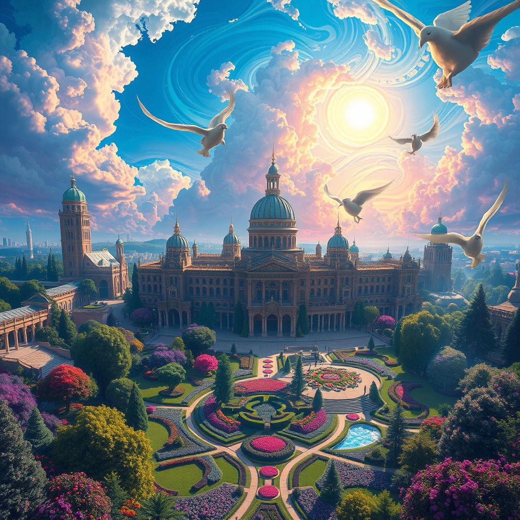 Ethereal Cityscape with Gardens in Dreamlike Style