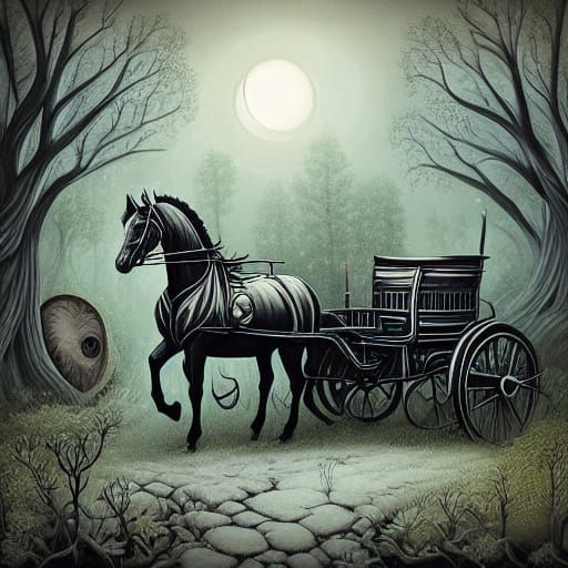 Ghostly Carriage on Moonlit Forest Path