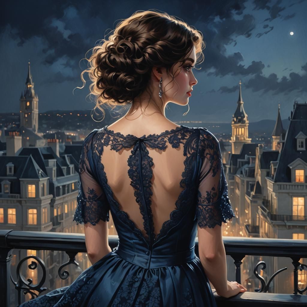 Woman on Balcony at Night in Romantic Style