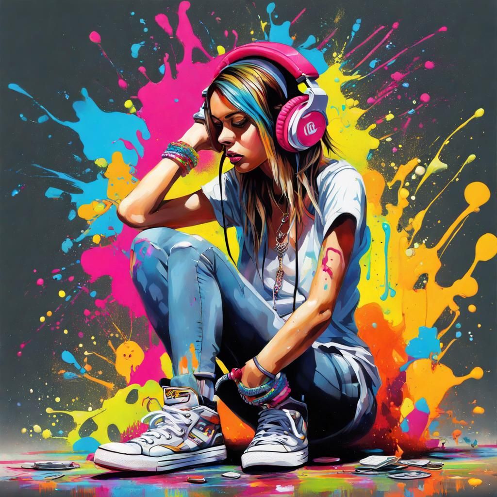 Girl with Headphones in Graffiti Street Art Style