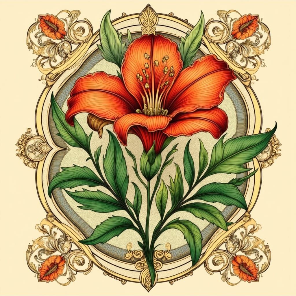 Neo-Traditional Lily Tattoo with Art Nouveau Frame