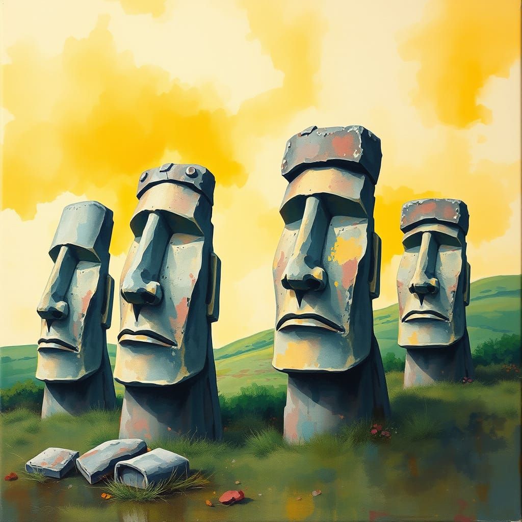Easter Island Heads in Gouache and Watercolor Style