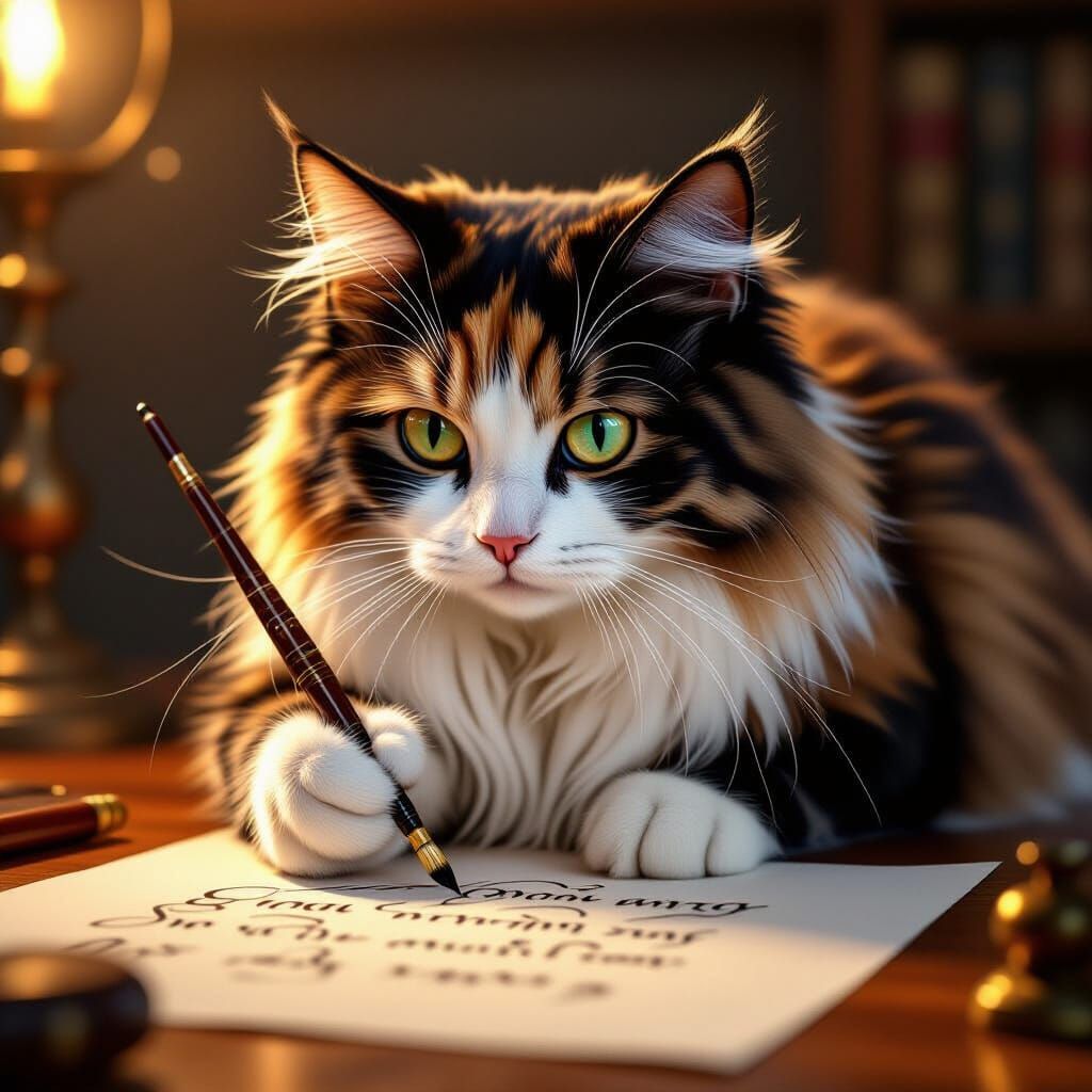 Tortoiseshell Cat Practices Calligraphy in Realistic Digital...