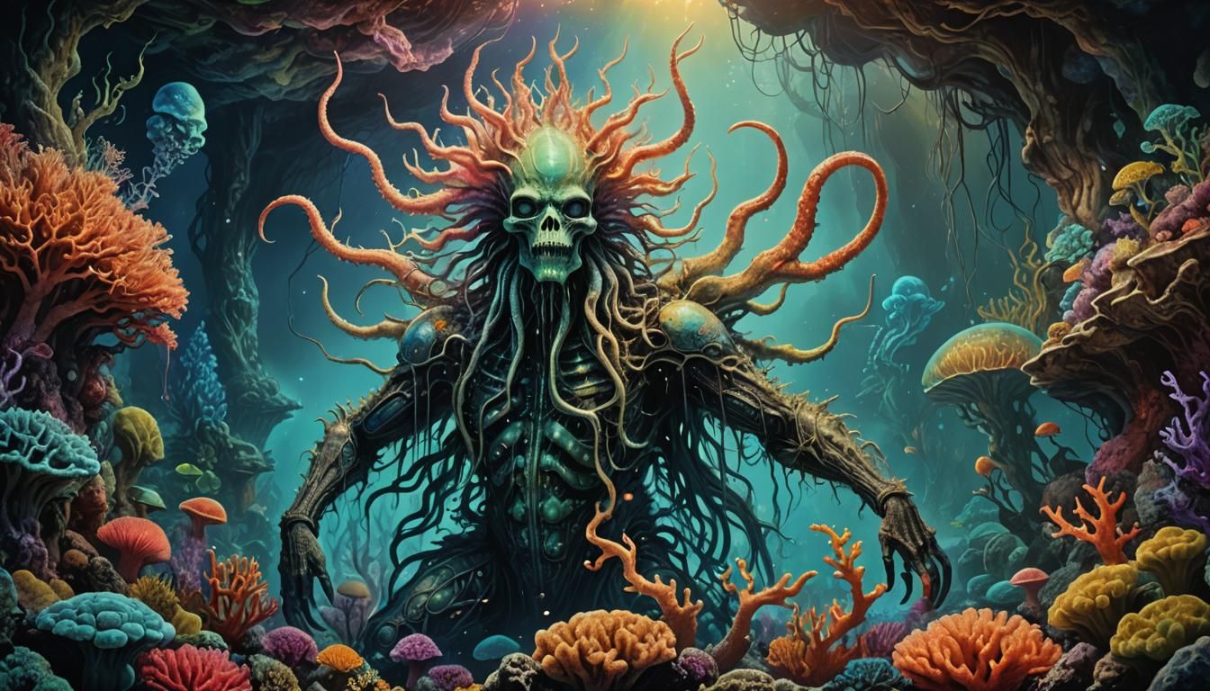 Mystical Cryptid in Bioluminescent Coral Reef