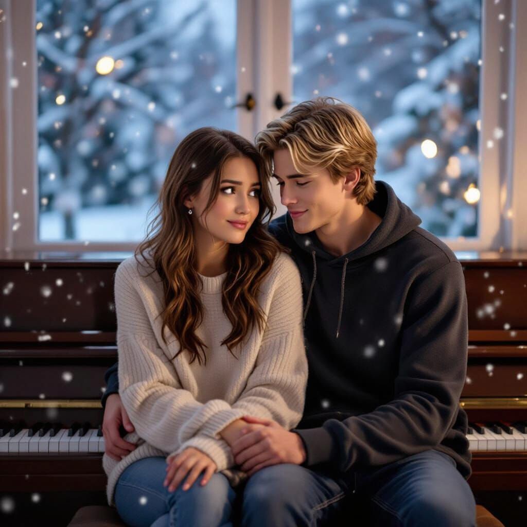 Affectionate Friends on Piano Bench in Romantic Snowfall