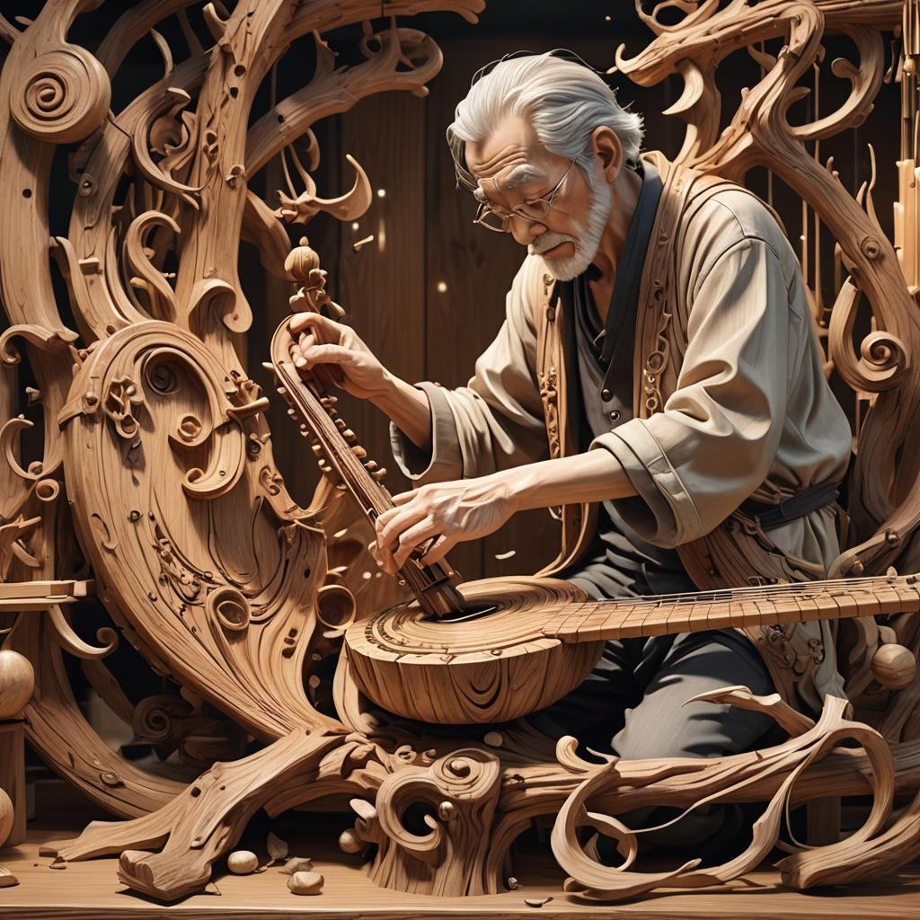 Mystical Instrument Sculpting: Hyper-Realistic 3D Anime Art