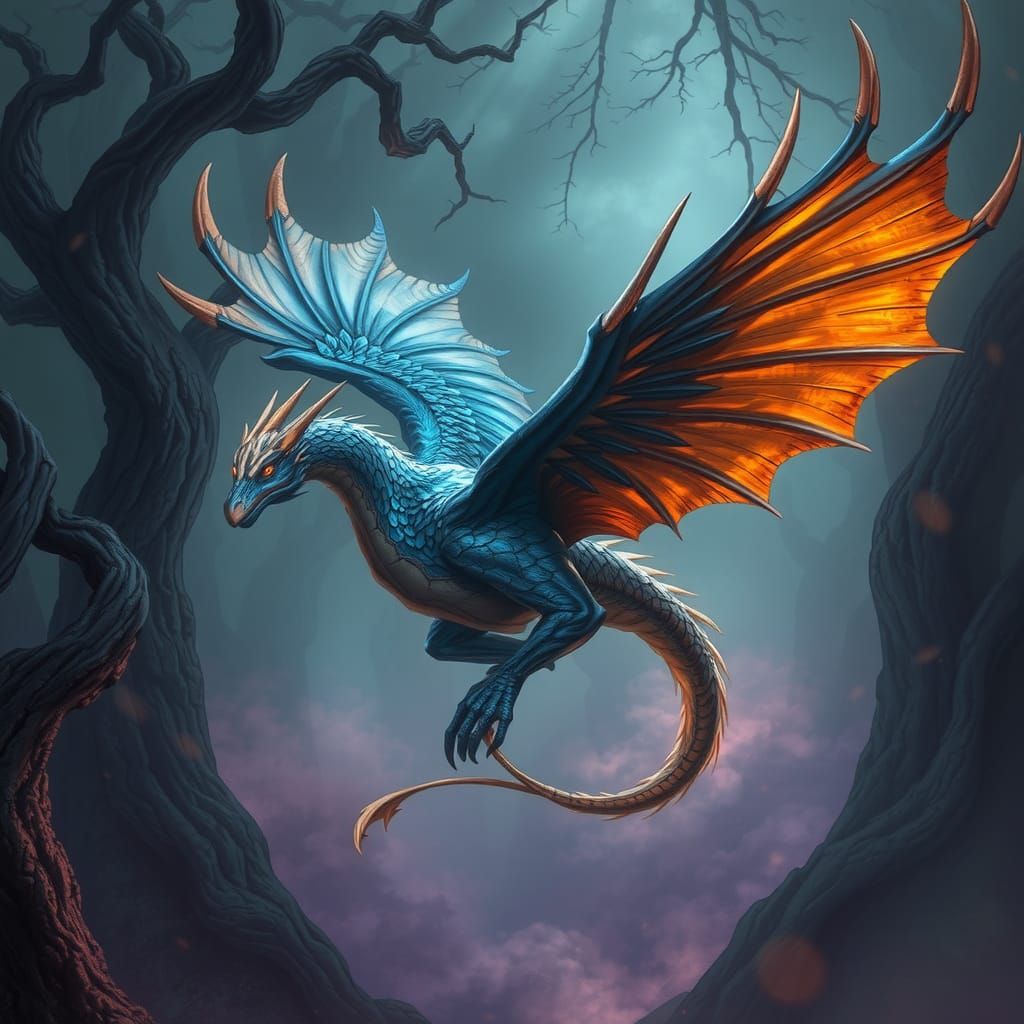 Griffin-Wyvern Hybrid Soaring in Mystical Twilight