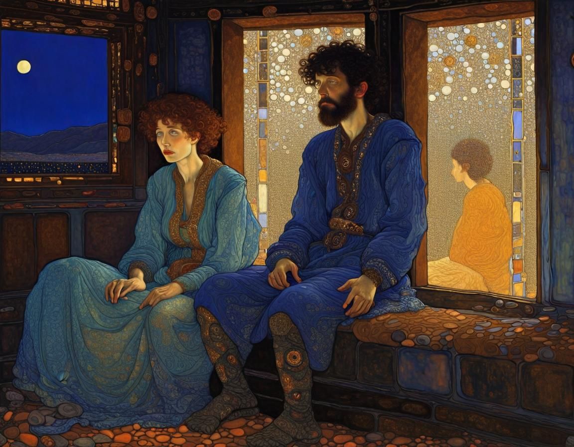 Mystic Peasants by Window: Oil Painting