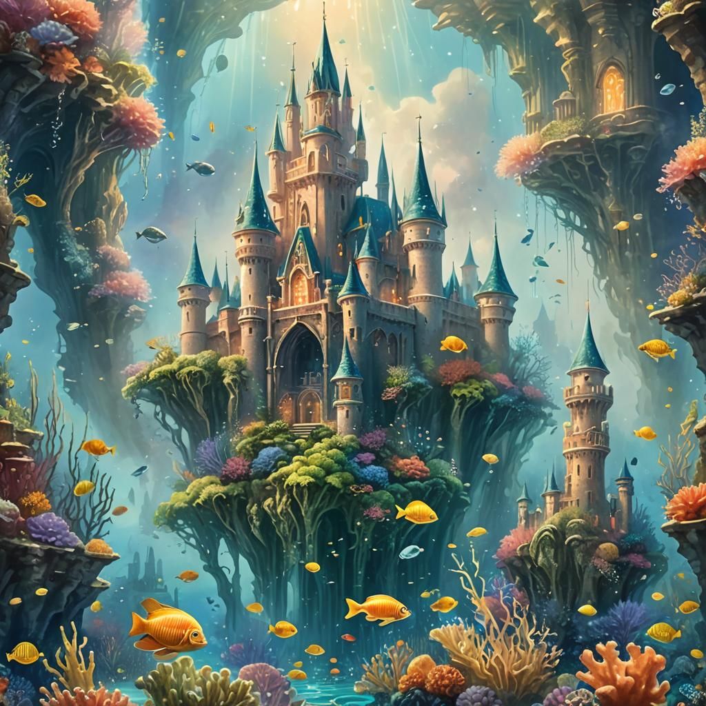 Underwater Castle in Whimsical Watercolor Style