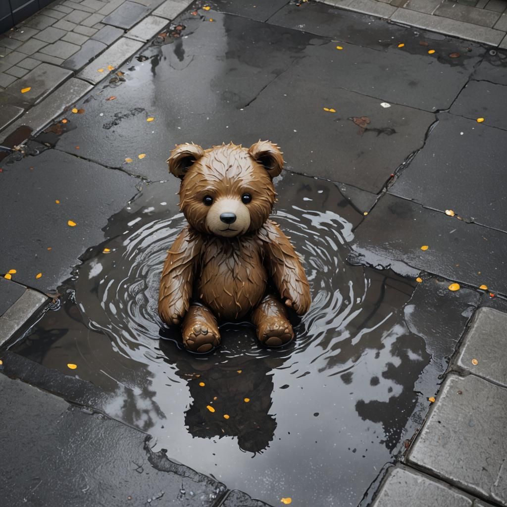 Soggy Stuffed Bear in Puddle: Anime-Inspired 3D Art
