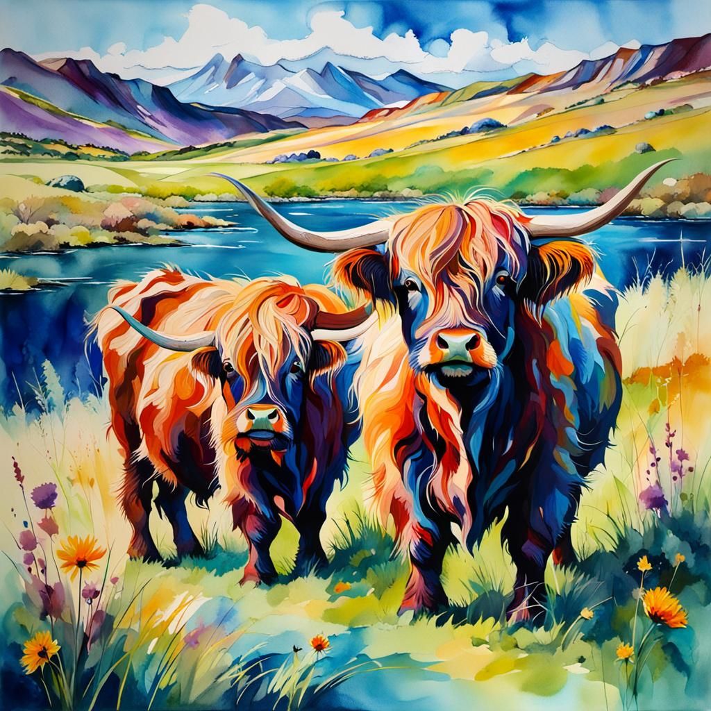 Highland Cow and Calf in Alcohol Ink Style